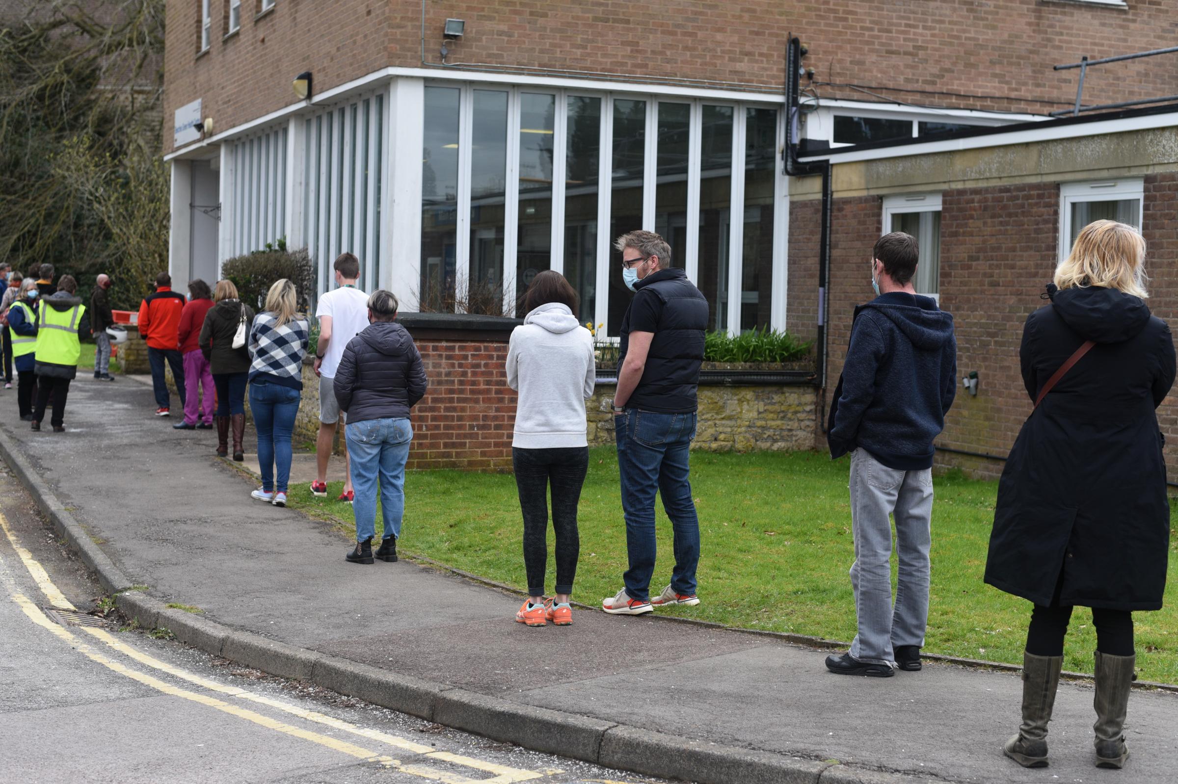 The queue outside Severn Health Vaccination Centre at Beeches Green